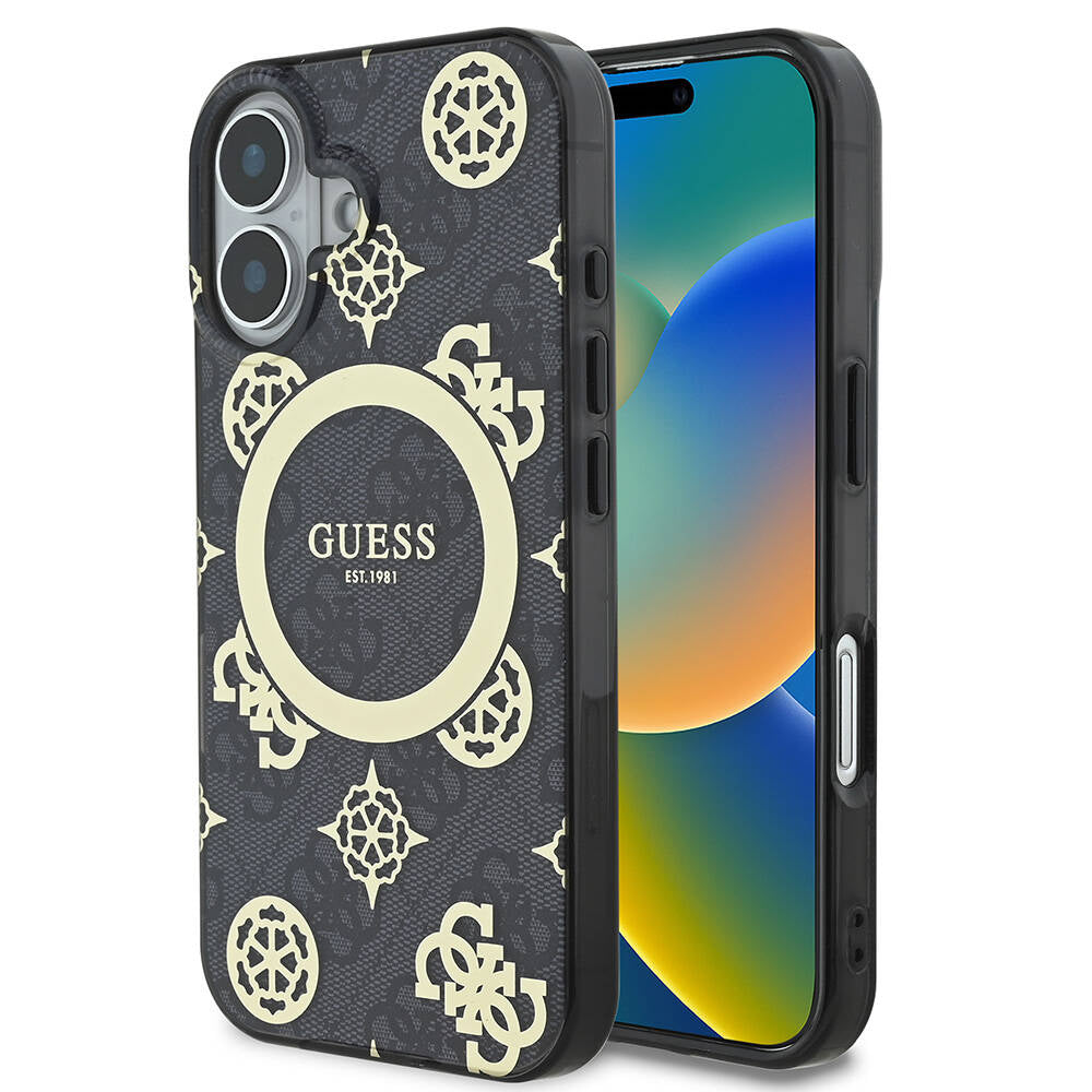 MagSafe Case for Apple iPhone 16, Guess, IML 4G Peony, Black GUHMP16SH4PYEEK