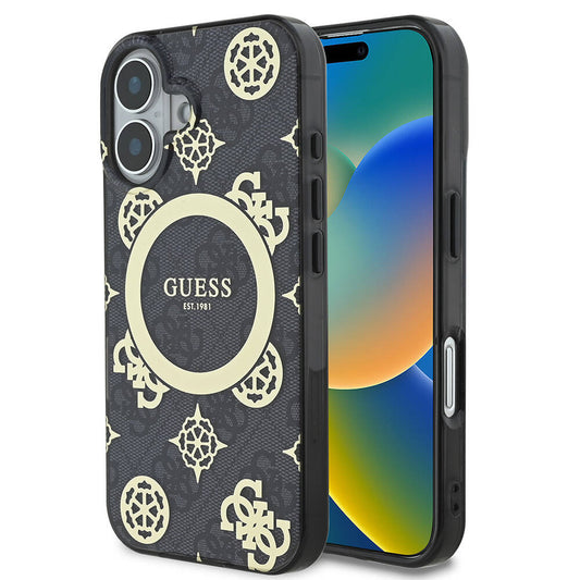 MagSafe hoesje voor Apple iPhone 16, Guess, IML 4G Peony, Zwart GUHMP16SH4PYEEK