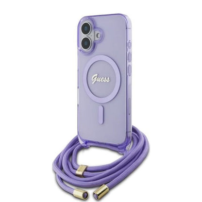 MagSafe hoesje voor Apple iPhone 16, Guess, IML Crossbody Cord Script, Paars