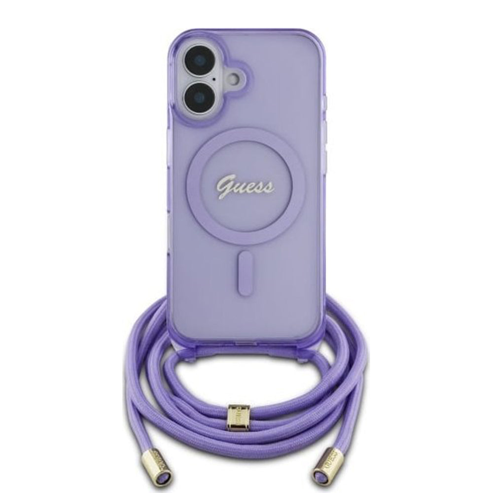 MagSafe hoesje voor Apple iPhone 16, Guess, IML Crossbody Cord Script, Paars