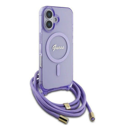 MagSafe hoesje voor Apple iPhone 16, Guess, IML Crossbody Cord Script, Paars