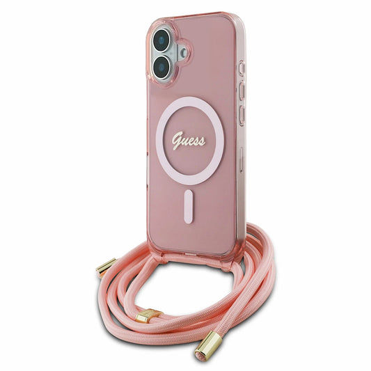 Étui MagSafe pour Apple iPhone 16, Guess, IML Crossbody Cord Script, Rose