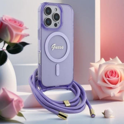 MagSafe hoesje voor Apple iPhone 16, Guess, IML Crossbody Cord Script, Roze