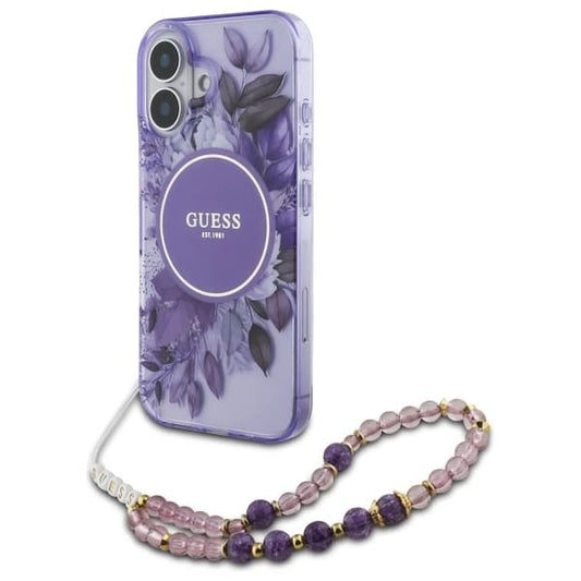 Coque MagSafe pour Apple iPhone 16, Guess, IML Flowers with Pearl Strap, Mauve