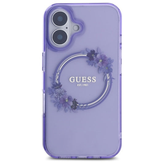 Étui MagSafe pour Apple iPhone 16, Guess, IML Couronne de Fleurs, Mauve