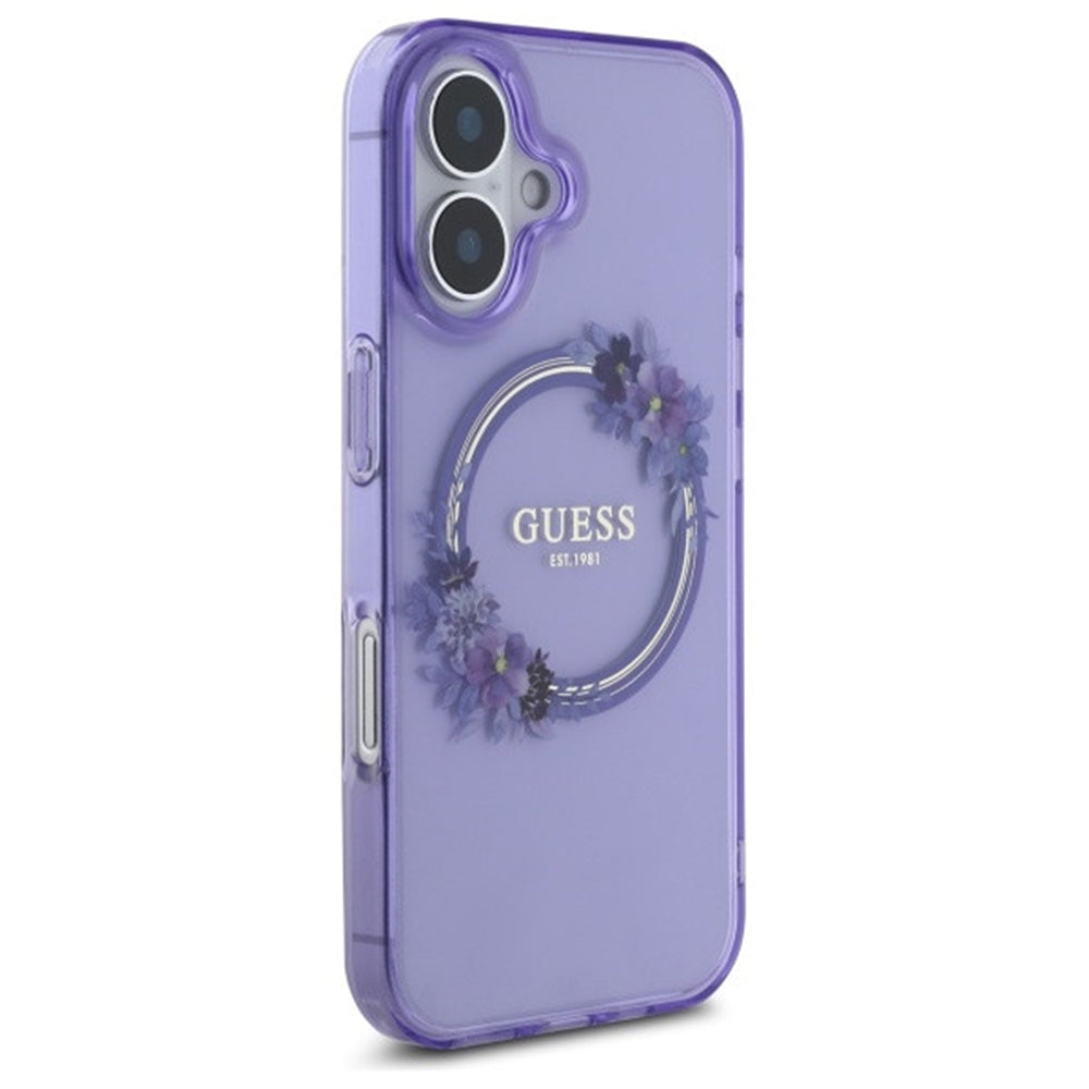 Étui MagSafe pour Apple iPhone 16, Guess, IML Couronne de Fleurs, Mauve