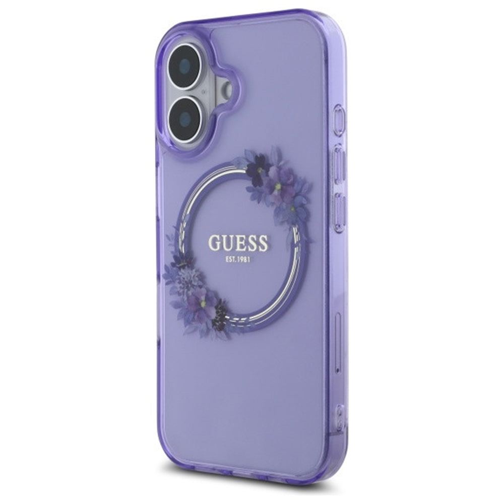 Étui MagSafe pour Apple iPhone 16, Guess, IML Couronne de Fleurs, Mauve