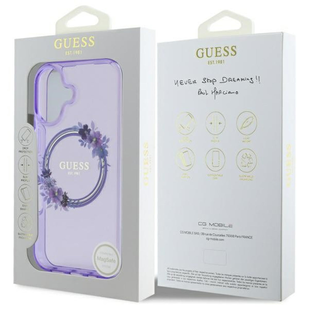 Étui MagSafe pour Apple iPhone 16, Guess, IML Couronne de Fleurs, Mauve