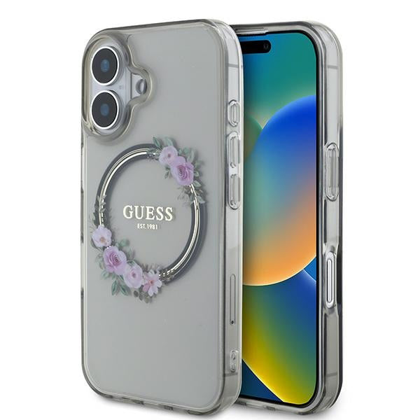 Étui MagSafe pour Apple iPhone 16, Guess, IML Couronne de Fleurs, Noir