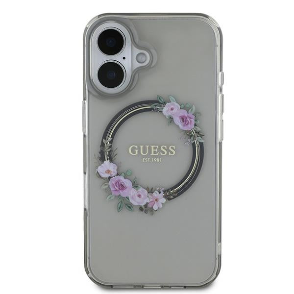 Étui MagSafe pour Apple iPhone 16, Guess, IML Couronne de Fleurs, Noir