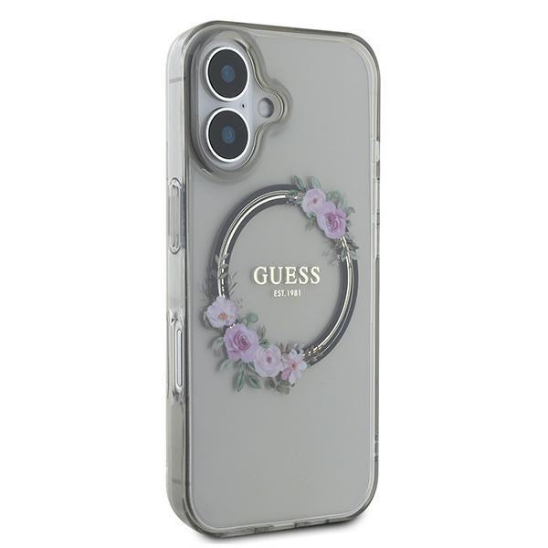 Étui MagSafe pour Apple iPhone 16, Guess, IML Couronne de Fleurs, Noir