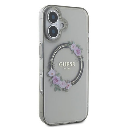 Étui MagSafe pour Apple iPhone 16, Guess, IML Couronne de Fleurs, Noir