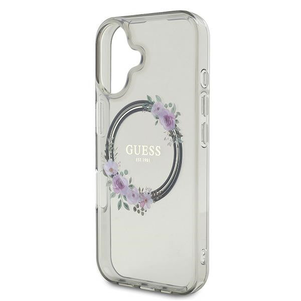 Étui MagSafe pour Apple iPhone 16, Guess, IML Couronne de Fleurs, Noir