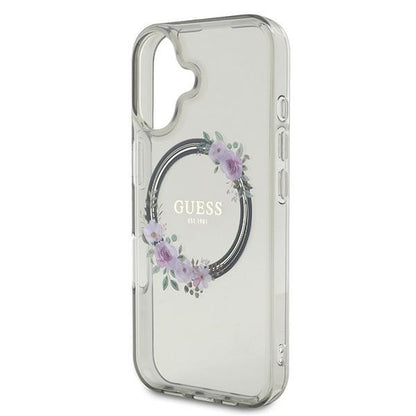 Étui MagSafe pour Apple iPhone 16, Guess, IML Couronne de Fleurs, Noir