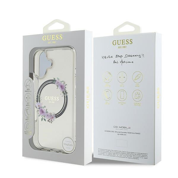 Étui MagSafe pour Apple iPhone 16, Guess, IML Couronne de Fleurs, Noir