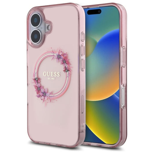 Étui MagSafe pour Apple iPhone 16, Guess, IML Couronne de Fleurs, Rose