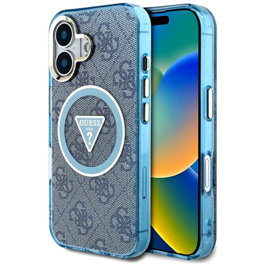 Étui MagSafe pour Apple iPhone 16, Guess, IML Glitter 4G Circle Triangle, Bleu