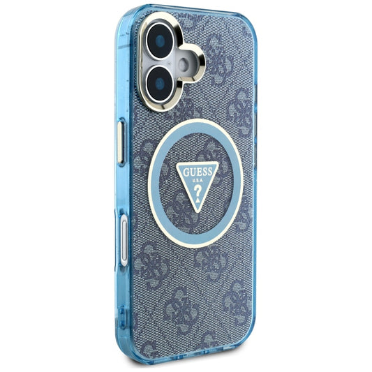 Étui MagSafe pour Apple iPhone 16, Guess, IML Glitter 4G Circle Triangle, Bleu