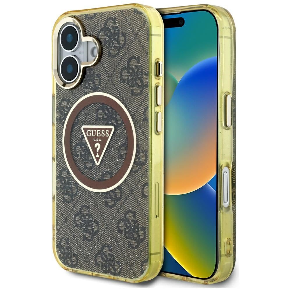 MagSafe Case for Apple iPhone 16, Guess, IML Glitter 4G Circle Triangle, Brown