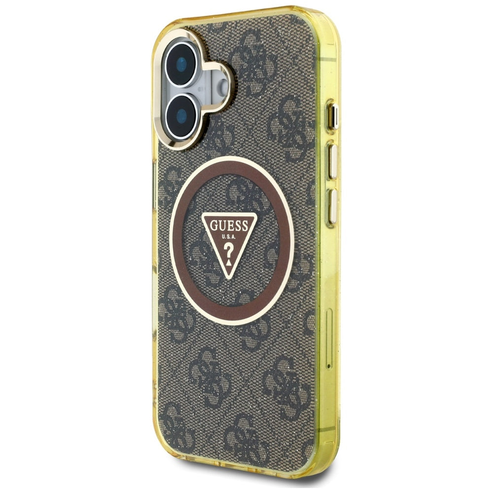 MagSafe Case for Apple iPhone 16, Guess, IML Glitter 4G Circle Triangle, Brown