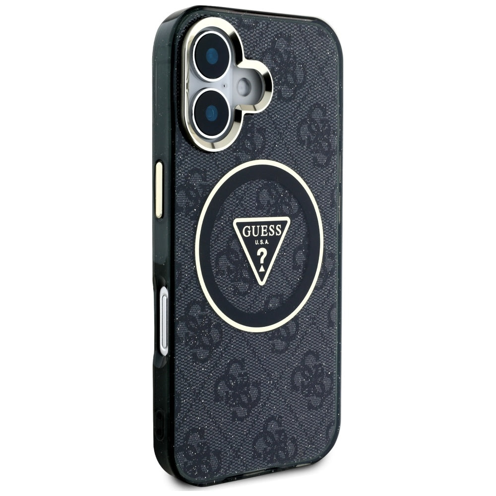 MagSafe Case for Apple iPhone 16, Guess, IML Glitter 4G Circle Triangle, Black