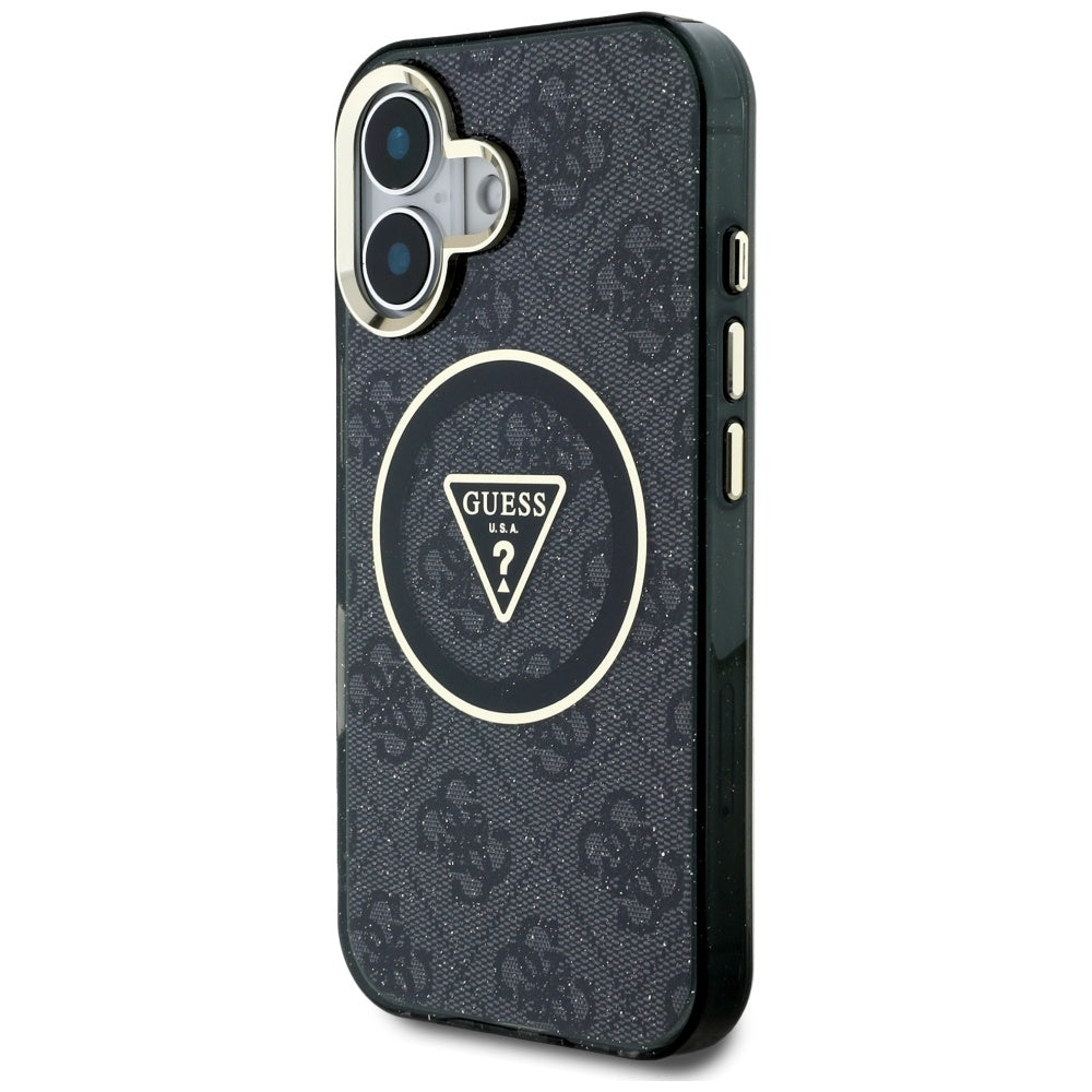 MagSafe Case for Apple iPhone 16, Guess, IML Glitter 4G Circle Triangle, Black