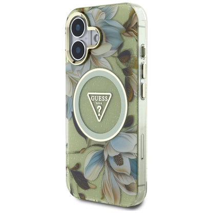 MagSafe Case for Apple iPhone 16, Guess, IML Metal Glitter Flowers Triangle, Green
