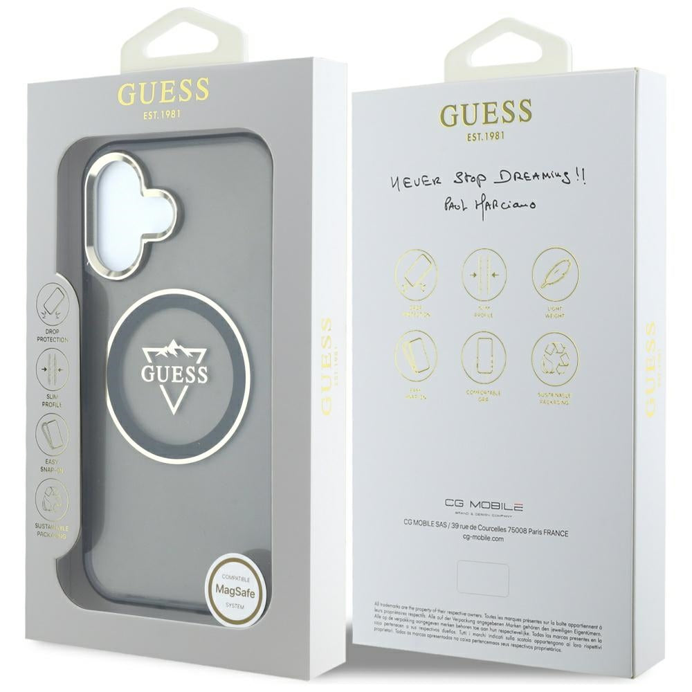 Coque MagSafe pour Apple iPhone 16, Guess, logo IML Metal Mountain, Noire