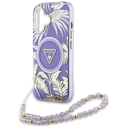 MagSafe hoesje voor Apple iPhone 16, Guess, IML Palm Trees Triangle met Parelband, Paars