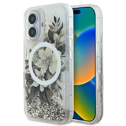 Étui MagSafe pour Apple iPhone 16, Guess, Liquid Glitter Flower, Beige