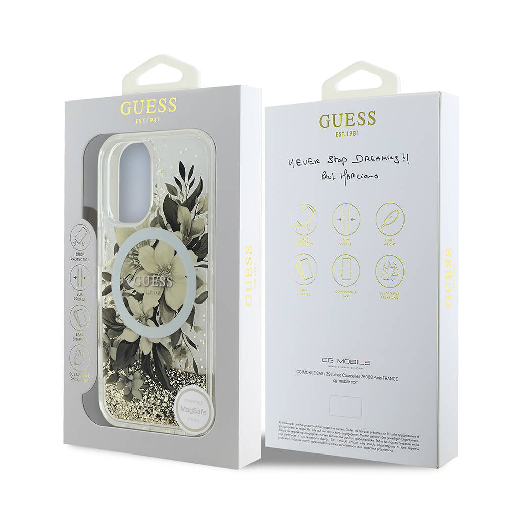 Étui MagSafe pour Apple iPhone 16, Guess, Liquid Glitter Flower, Beige