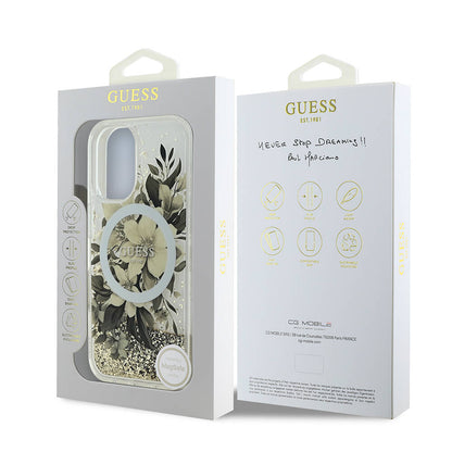 Étui MagSafe pour Apple iPhone 16, Guess, Liquid Glitter Flower, Beige
