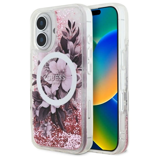 MagSafe hoesje voor Apple iPhone 16, Guess, Liquid Glitter Flower, Roze
