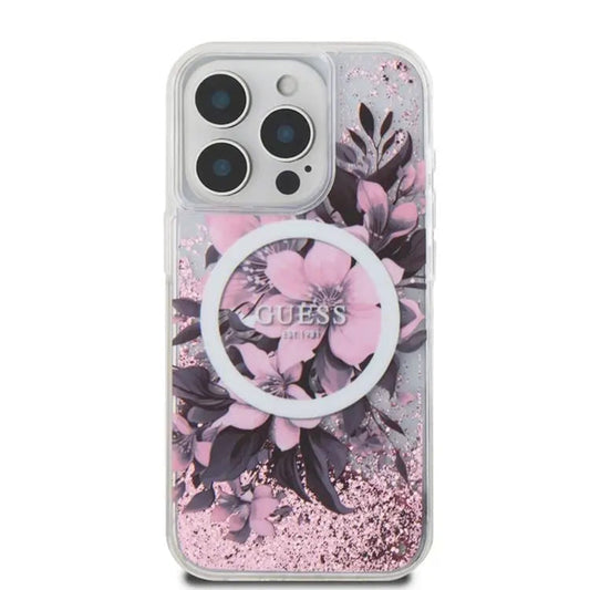 MagSafe hoesje voor Apple iPhone 16, Guess, Liquid Glitter Flower, Roze