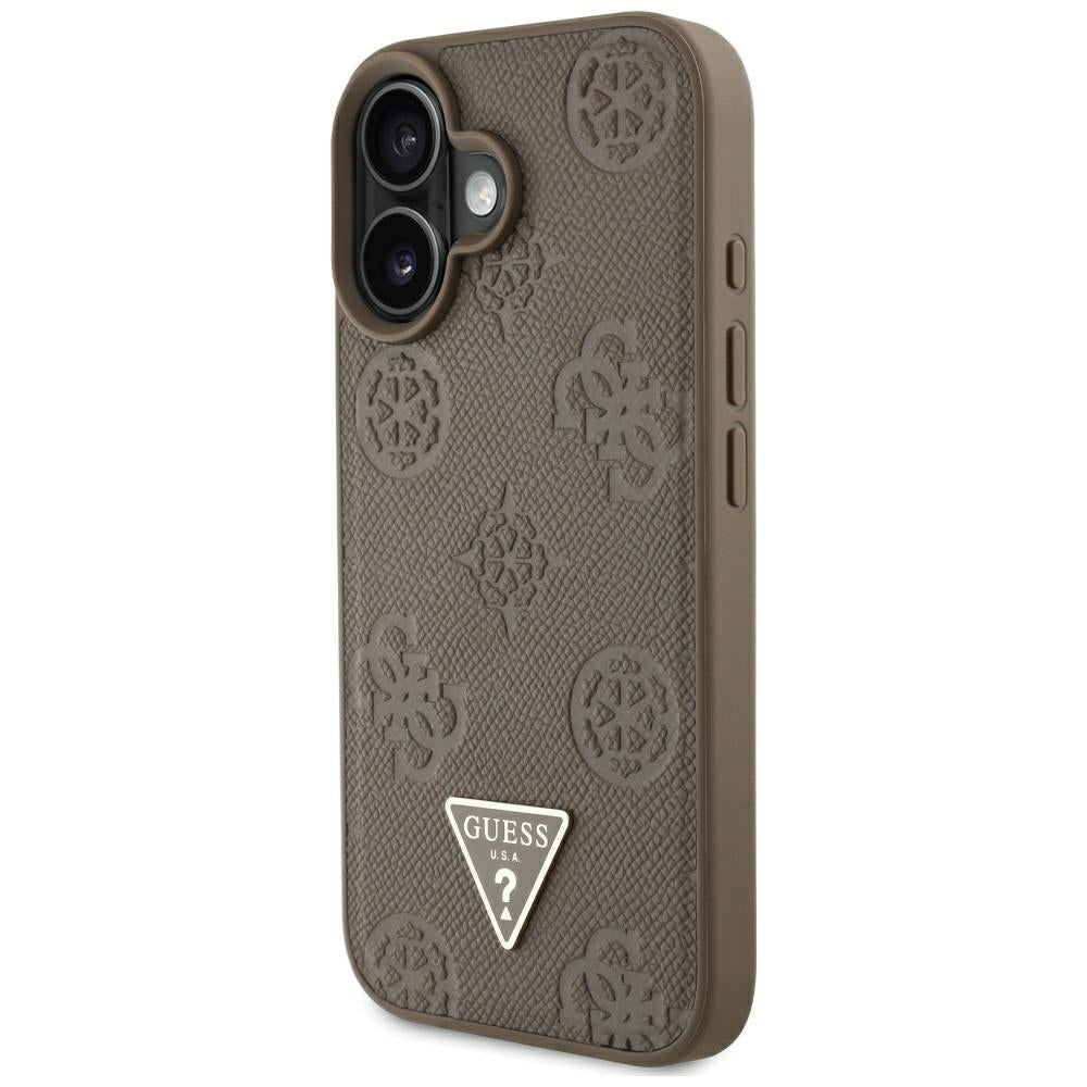 MagSafe Case for Apple iPhone 16, Guess, Peony Grained Hot Stamp Triangle, Brown