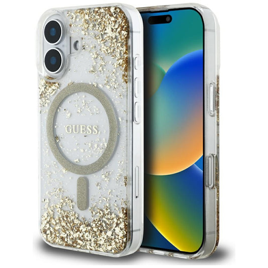 MagSafe hoesje voor Apple iPhone 16, Guess, Resin Bottom Glitter, Goud