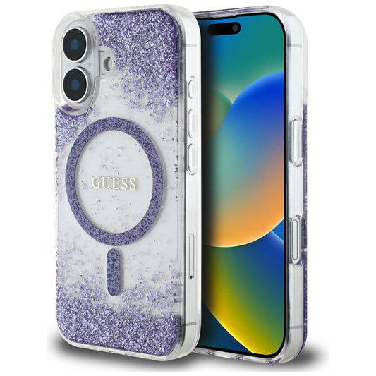 MagSafe hoesje voor Apple iPhone 16, Guess, Resin Bottom Glitter, Paars