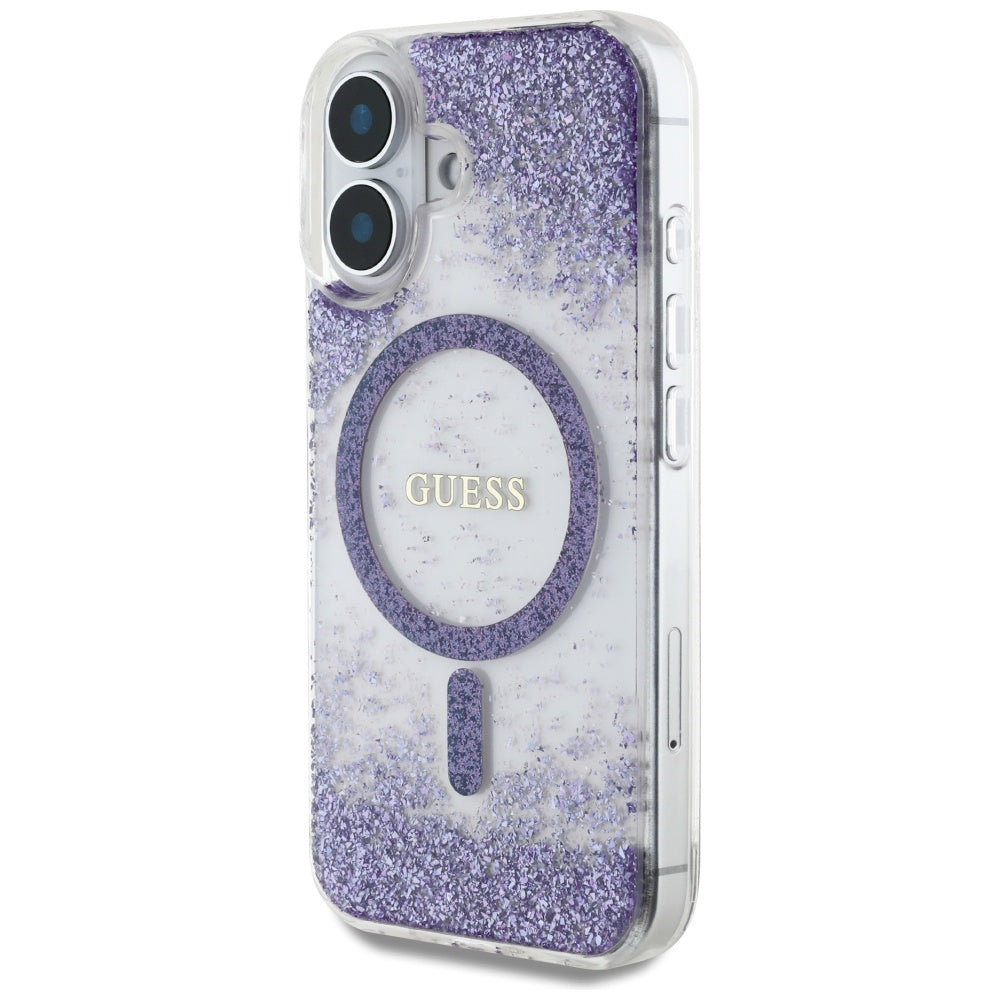 MagSafe hoesje voor Apple iPhone 16, Guess, Resin Bottom Glitter, Paars