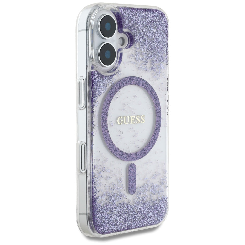 MagSafe hoesje voor Apple iPhone 16, Guess, Resin Bottom Glitter, Paars