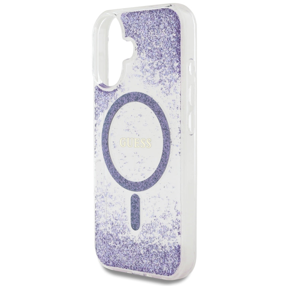 MagSafe hoesje voor Apple iPhone 16, Guess, Resin Bottom Glitter, Paars