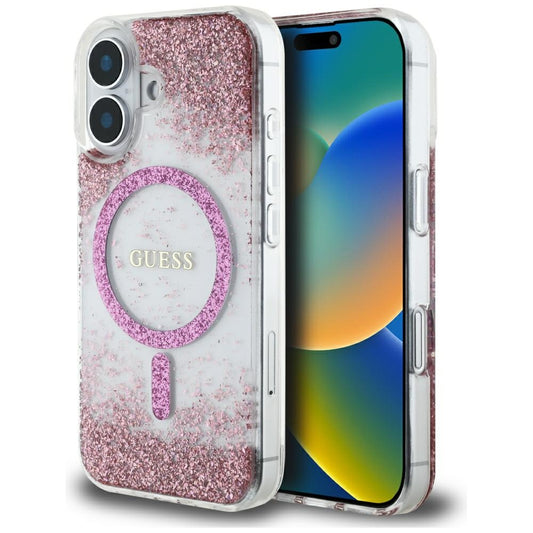 MagSafe hoesje voor Apple iPhone 16, Guess, Resin Bottom Glitter, Roze