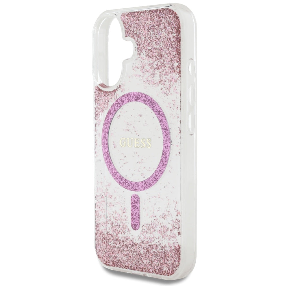 MagSafe hoesje voor Apple iPhone 16, Guess, Resin Bottom Glitter, Roze