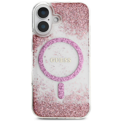 MagSafe hoesje voor Apple iPhone 16, Guess, Resin Bottom Glitter, Roze
