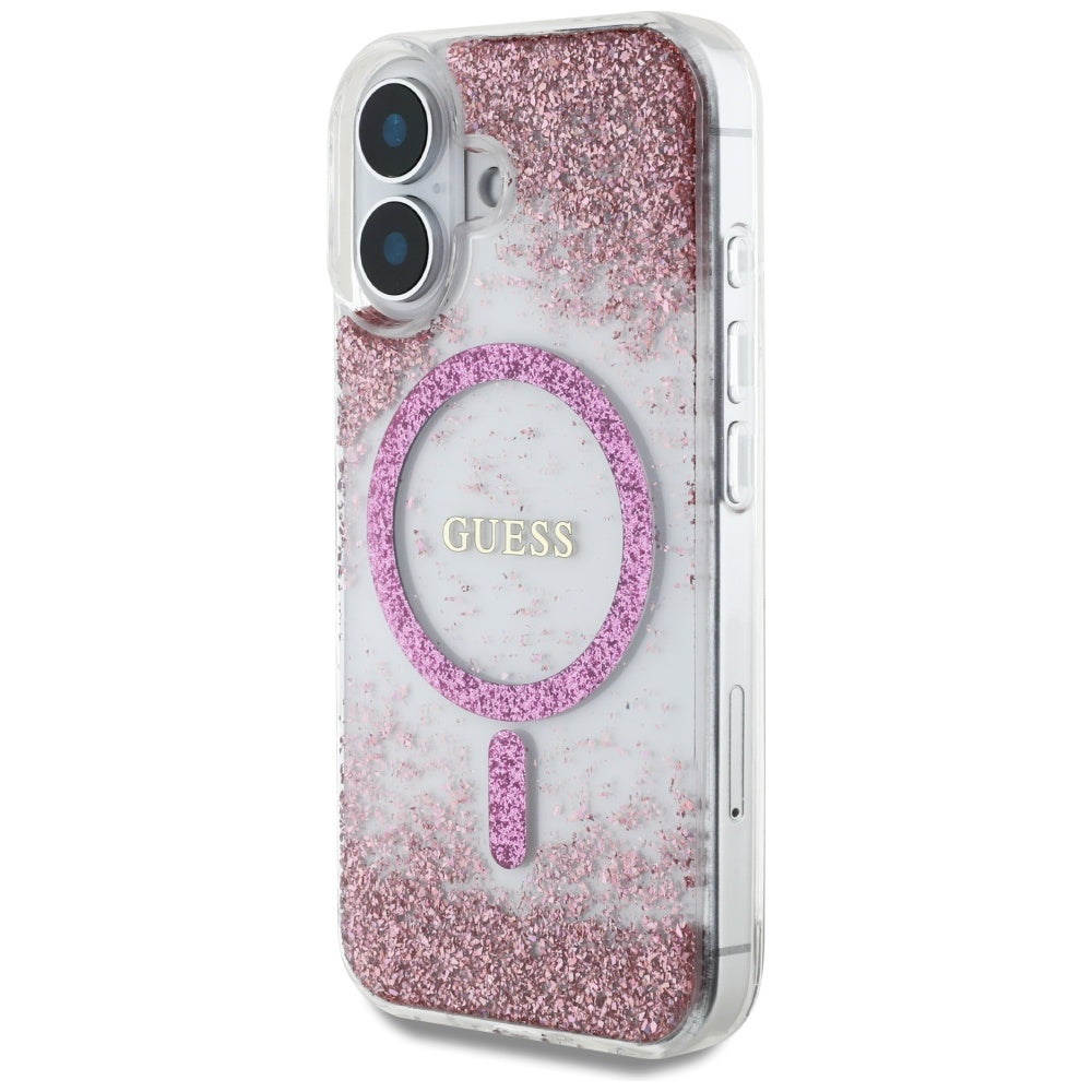 MagSafe hoesje voor Apple iPhone 16, Guess, Resin Bottom Glitter, Roze