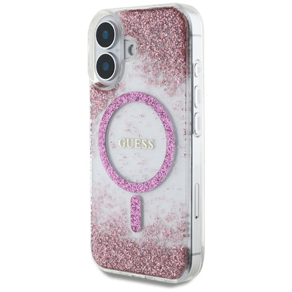 MagSafe hoesje voor Apple iPhone 16, Guess, Resin Bottom Glitter, Roze
