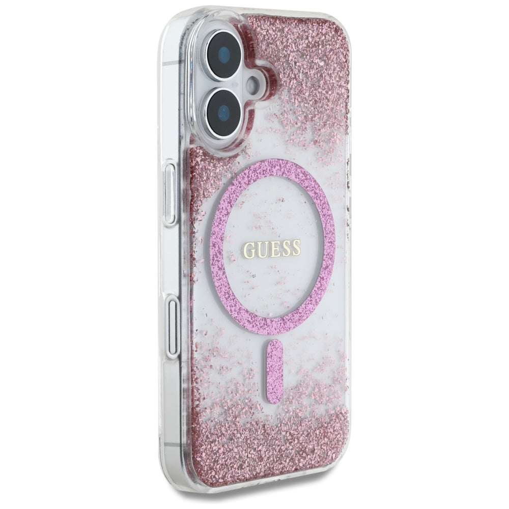 MagSafe hoesje voor Apple iPhone 16, Guess, Resin Bottom Glitter, Roze