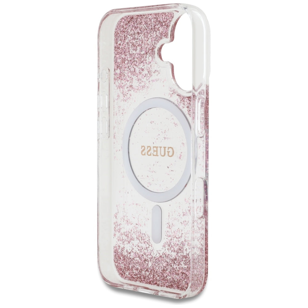 MagSafe hoesje voor Apple iPhone 16, Guess, Resin Bottom Glitter, Roze