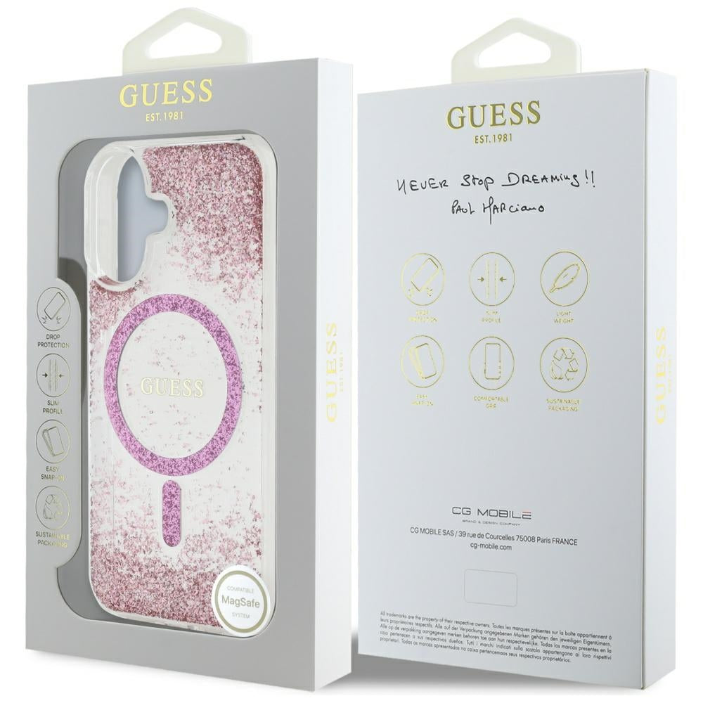 MagSafe hoesje voor Apple iPhone 16, Guess, Resin Bottom Glitter, Roze