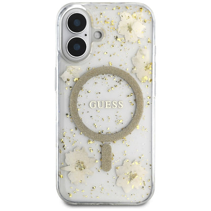 MagSafe hoes voor Apple iPhone 16, Guess, Resin Flowers and Glitter, Beige