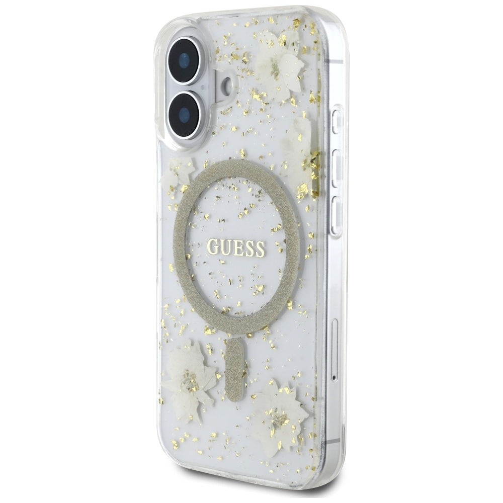 MagSafe hoes voor Apple iPhone 16, Guess, Resin Flowers and Glitter, Beige